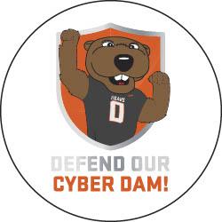 Benny the Beaver in front of an orange shield. Above the text: "Defend our Cyber Dam"
